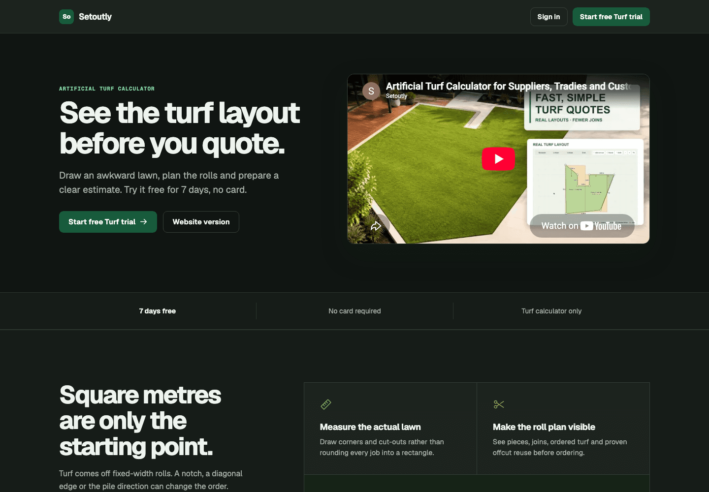 The Setoutly turf layout calculator, built by Cixx